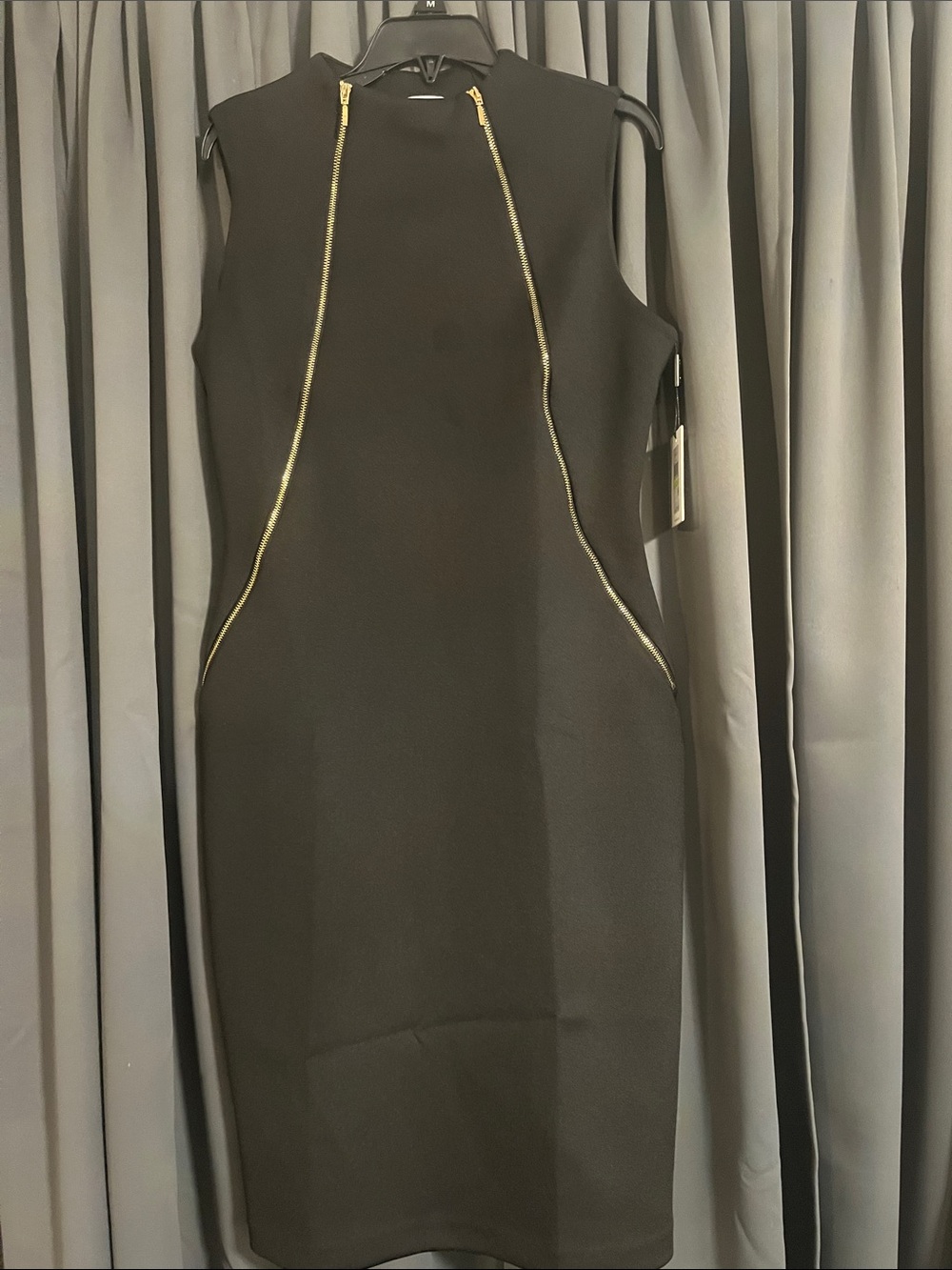 Calvin Klein Black Midi Sheath Dress with Gold Zipper Accents